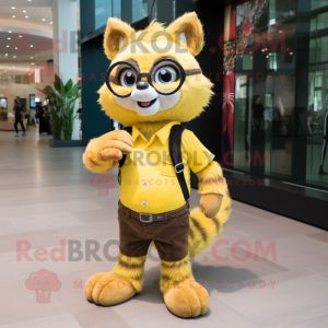Yellow Raccoon mascot costume character dressed with a Skinny Jeans and Eyeglasses