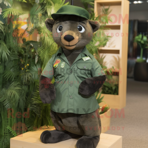 Forest Green Jaguarundi mascot costume character dressed with a Vest and Caps