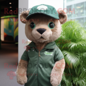 Forest Green Jaguarundi mascot costume character dressed with a Vest and Caps