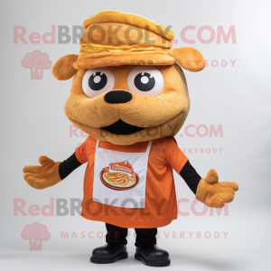 Orange Pulled Pork Sandwich mascot costume character dressed with a Vest and Hats