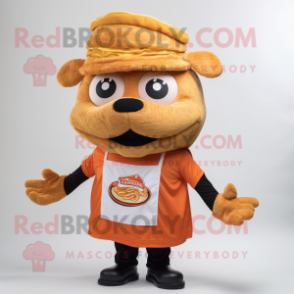 Orange Pulled Pork Sandwich mascot costume character dressed with a Vest and Hats