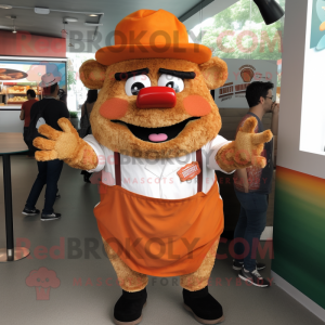 Orange Pulled Pork Sandwich mascot costume character dressed with a Vest and Hats