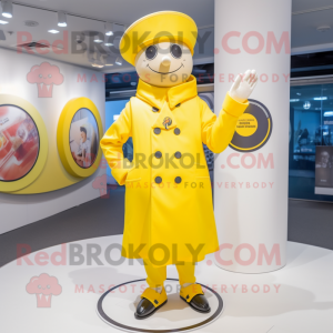 Lemon Yellow Ring Master mascot costume character dressed with a Windbreaker and Berets