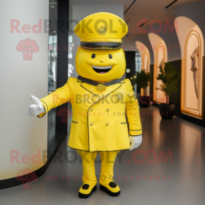 Lemon Yellow Ring Master mascot costume character dressed with a Windbreaker and Berets