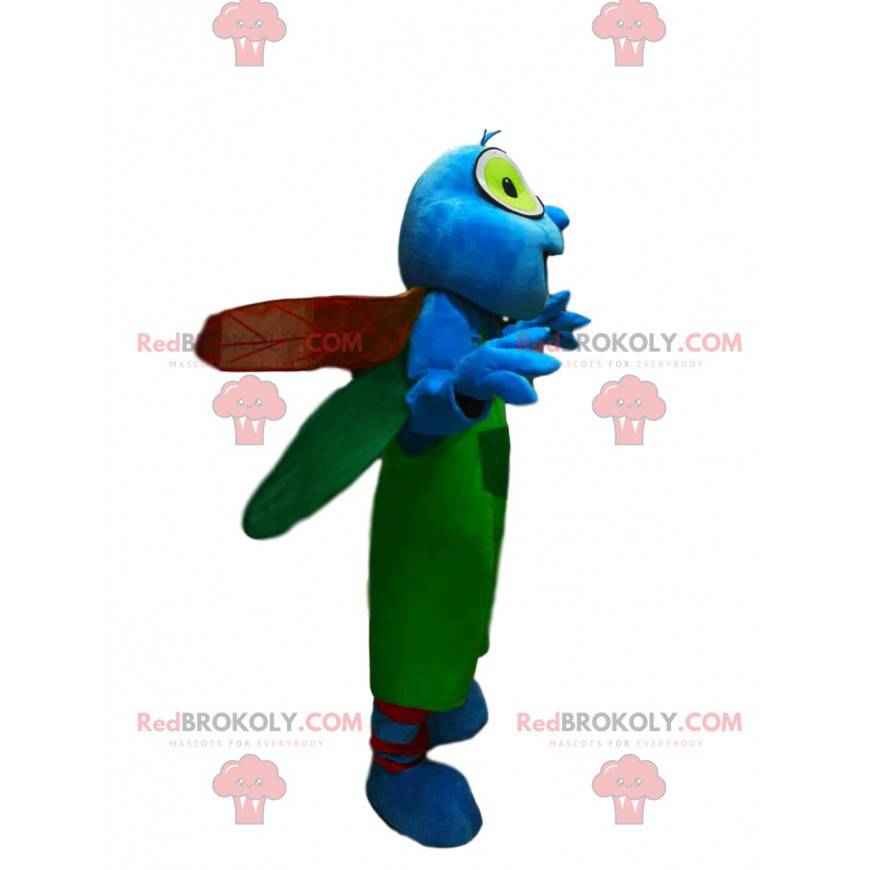 Mascotte blauwe libel met groene overall - Redbrokoly.com