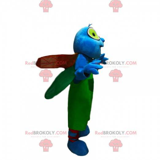 Blue dragonfly mascot with green overalls - Redbrokoly.com