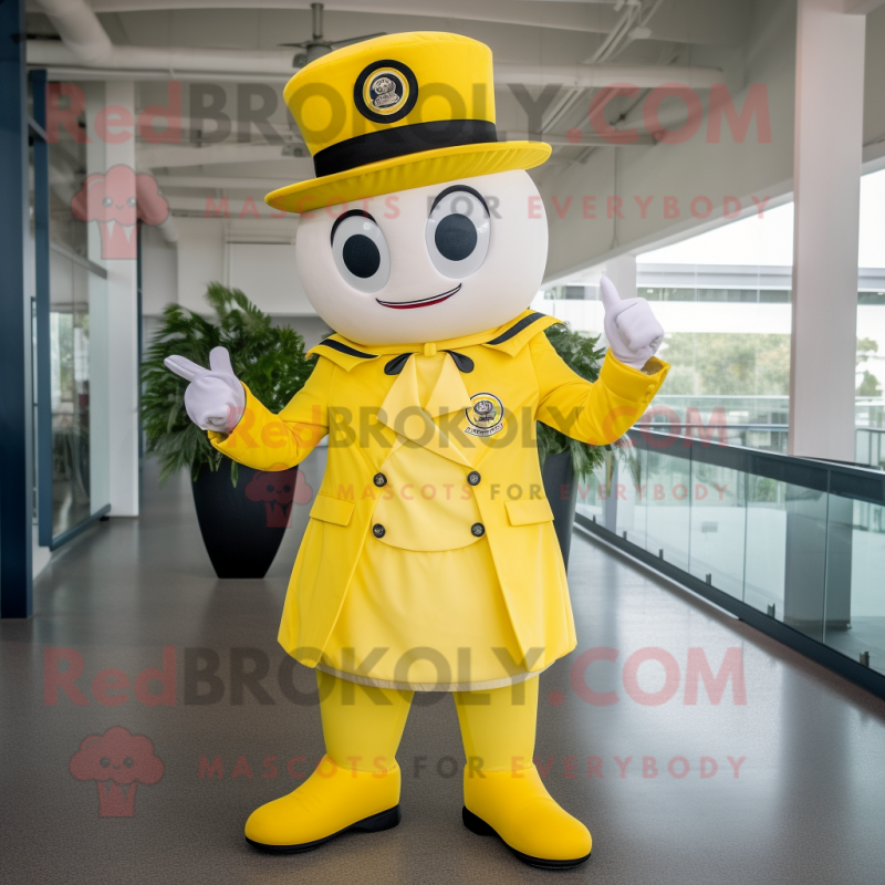 Lemon Yellow Ring Master mascot costume character dressed with a Windbreaker and Berets