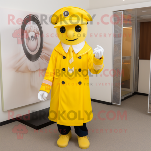 Lemon Yellow Ring Master mascot costume character dressed with a Windbreaker and Berets