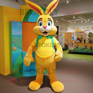 Yellow Wild Rabbit mascot costume character dressed with a Capri Pants and Clutch bags