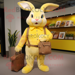 Yellow Wild Rabbit mascot costume character dressed with a Capri Pants and Clutch bags