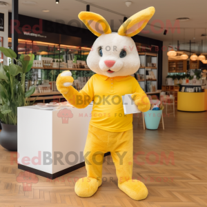 Yellow Wild Rabbit mascot costume character dressed with a Capri Pants and Clutch bags