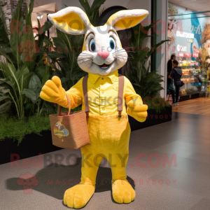 Yellow Wild Rabbit mascot costume character dressed with a Capri Pants and Clutch bags