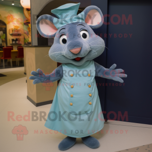 Sky Blue Ratatouille mascot costume character dressed with a A-Line Skirt and Lapel pins