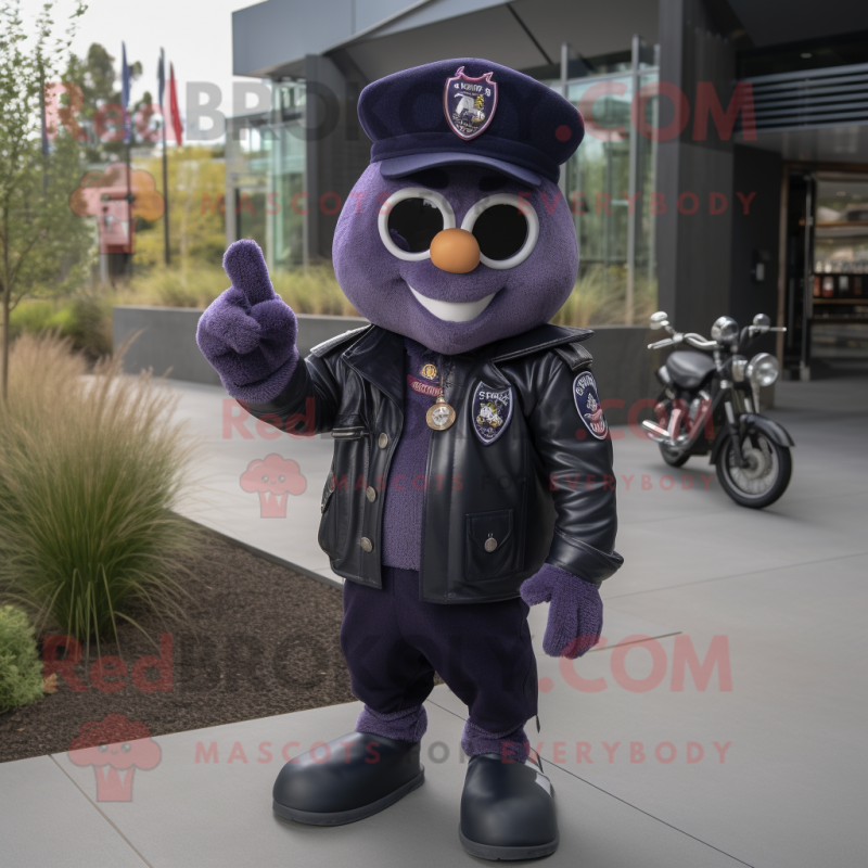 Navy Plum mascot costume character dressed with a Biker Jacket and Keychains