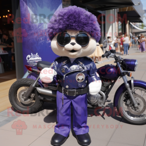 Navy Plum mascot costume character dressed with a Biker Jacket and Keychains