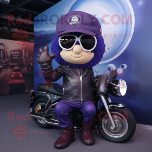 Navy Plum mascot costume character dressed with a Biker Jacket and Keychains
