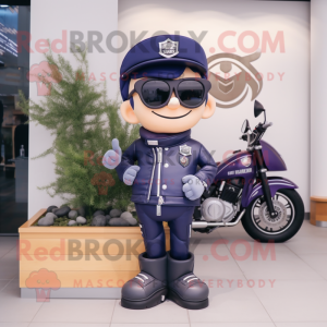 Navy Plum mascot costume character dressed with a Biker Jacket and Keychains