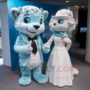 Cyan Jaguar mascot costume character dressed with a Wedding Dress and Beanies