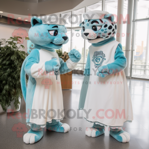 Cyan Jaguar mascot costume character dressed with a Wedding Dress and Beanies