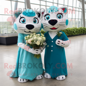 Cyan Jaguar mascot costume character dressed with a Wedding Dress and Beanies