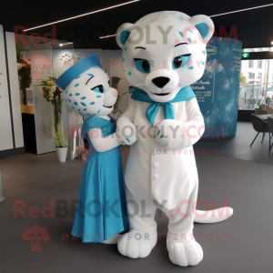 Cyan Jaguar mascot costume character dressed with a Wedding Dress and Beanies