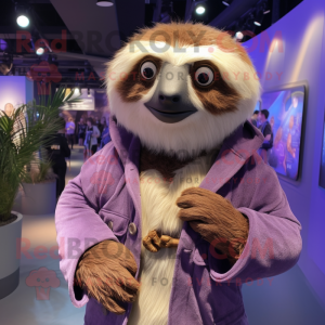 Lavender Sloth mascot costume character dressed with a Vest and Shawl pins