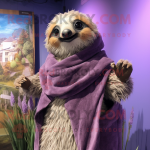Lavender Sloth mascot costume character dressed with a Vest and Shawl pins