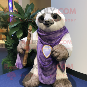 Lavender Sloth mascot costume character dressed with a Vest and Shawl pins