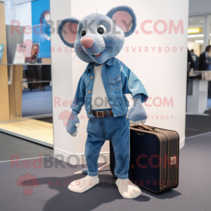 Blue Rat mascot costume character dressed with a Boyfriend Jeans and Briefcases