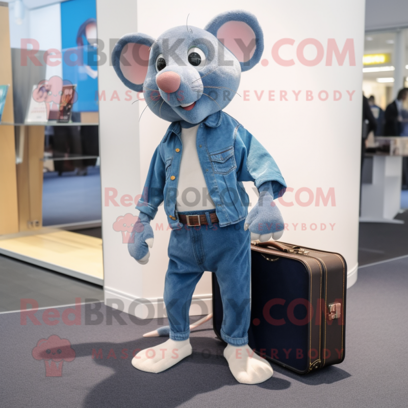 Blue Rat mascot costume character dressed with a Boyfriend Jeans and Briefcases Blue Rat mascot costume character dressed with a Boyfriend Jeans and Briefcases