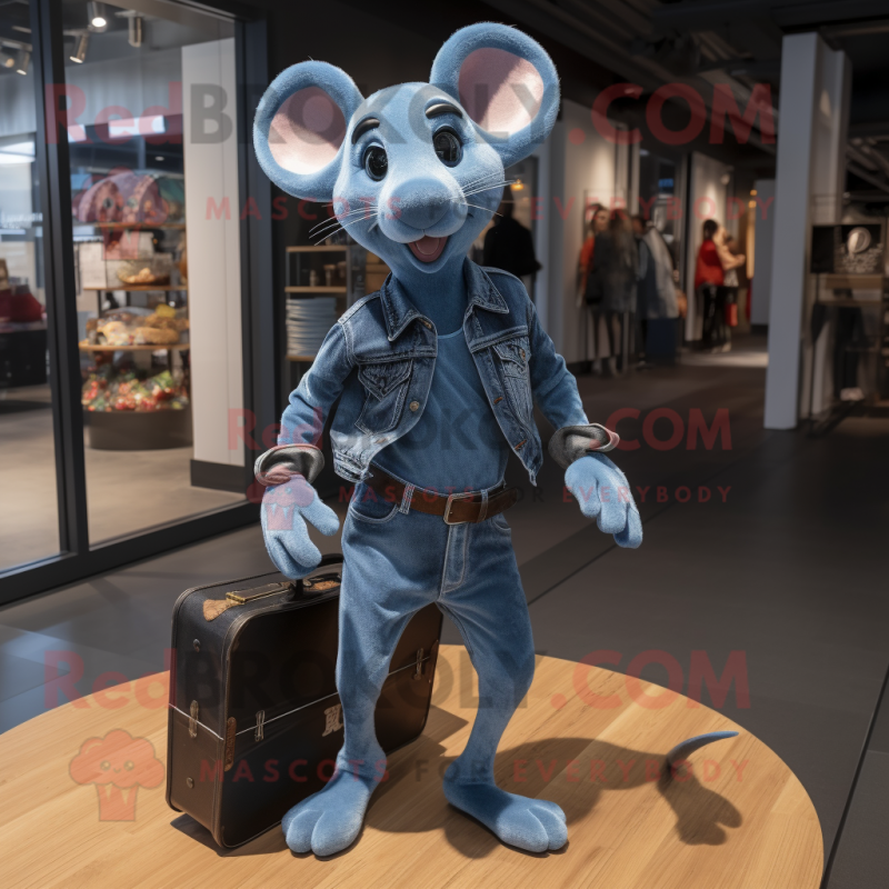 Blue Rat mascot costume character dressed with a Boyfriend Jeans and Briefcases