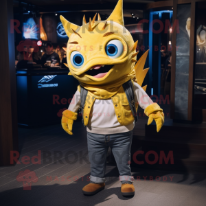 Gold Tuna mascot costume character dressed with a Jeans and Scarves