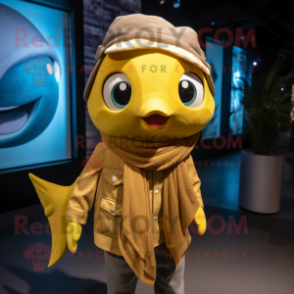 Gold Tuna mascot costume character dressed with a Jeans and Scarves