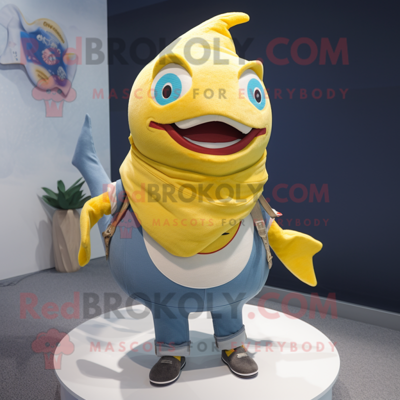 Gold Tuna mascot costume character dressed with a Jeans and Scarves Gold Tuna mascot costume character dressed with a Jeans and Scarves