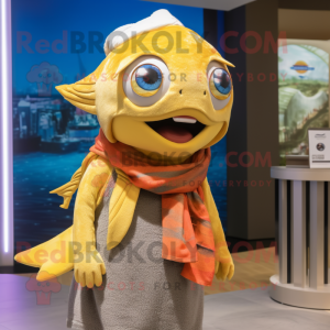 Gold Tuna mascot costume character dressed with a Jeans and Scarves
