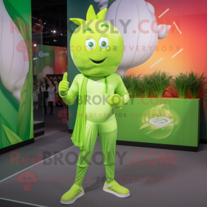 Lime Green Onion mascot costume character dressed with a Joggers and Hairpins