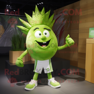 Lime Green Onion mascot costume character dressed with a Joggers and Hairpins