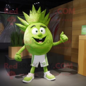 Lime Green Onion mascot costume character dressed with a Joggers and Hairpins