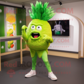 Lime Green Onion mascot costume character dressed with a Joggers and Hairpins