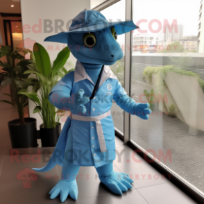 Blue Lizard mascot costume character dressed with a Raincoat and Belts