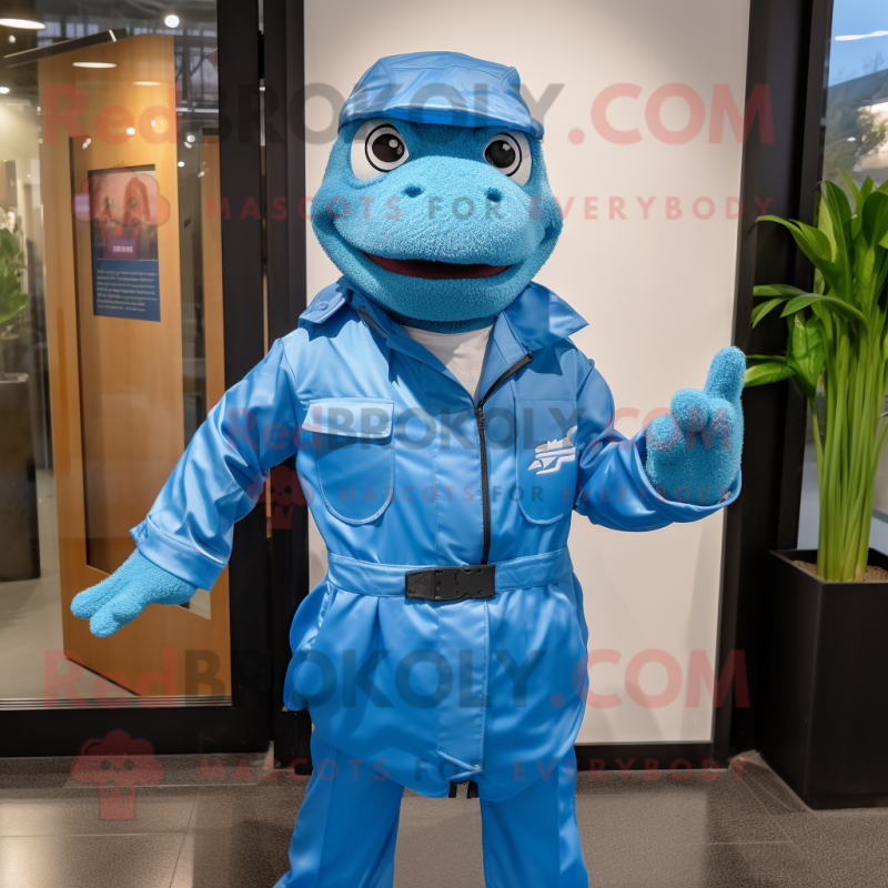 Blue Lizard mascot costume character dressed with a Raincoat and Belts Blue Lizard mascot costume character dressed with a Raincoat and Belts