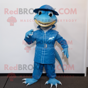 Blue Lizard mascot costume character dressed with a Raincoat and Belts