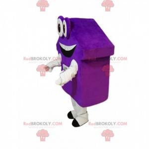 Purple house mascot with big eyes and a broad smile -