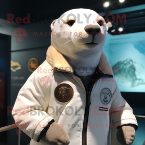 White Sea Lion mascot costume character dressed with a Bomber Jacket and Wraps