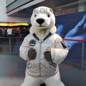 White Sea Lion mascot costume character dressed with a Bomber Jacket and Wraps