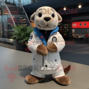 White Sea Lion mascot costume character dressed with a Bomber Jacket and Wraps