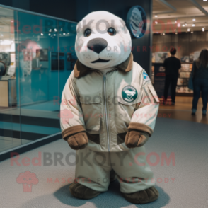 White Sea Lion mascot costume character dressed with a Bomber Jacket and Wraps