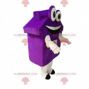 Purple house mascot with big eyes and a broad smile -