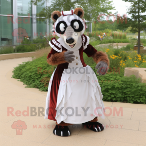 Rust Badger mascot costume character dressed with a Wedding Dress and Shoe clips