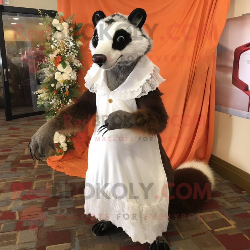 Rust Badger mascot costume character dressed with a Wedding Dress and Shoe clips